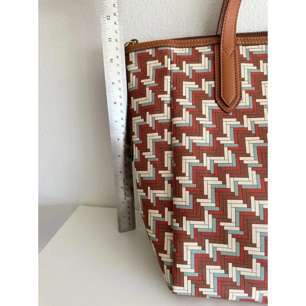 Fossil Sydney Signature Large Tote Bag Shoulder Purse Geometric Brown Top Handle